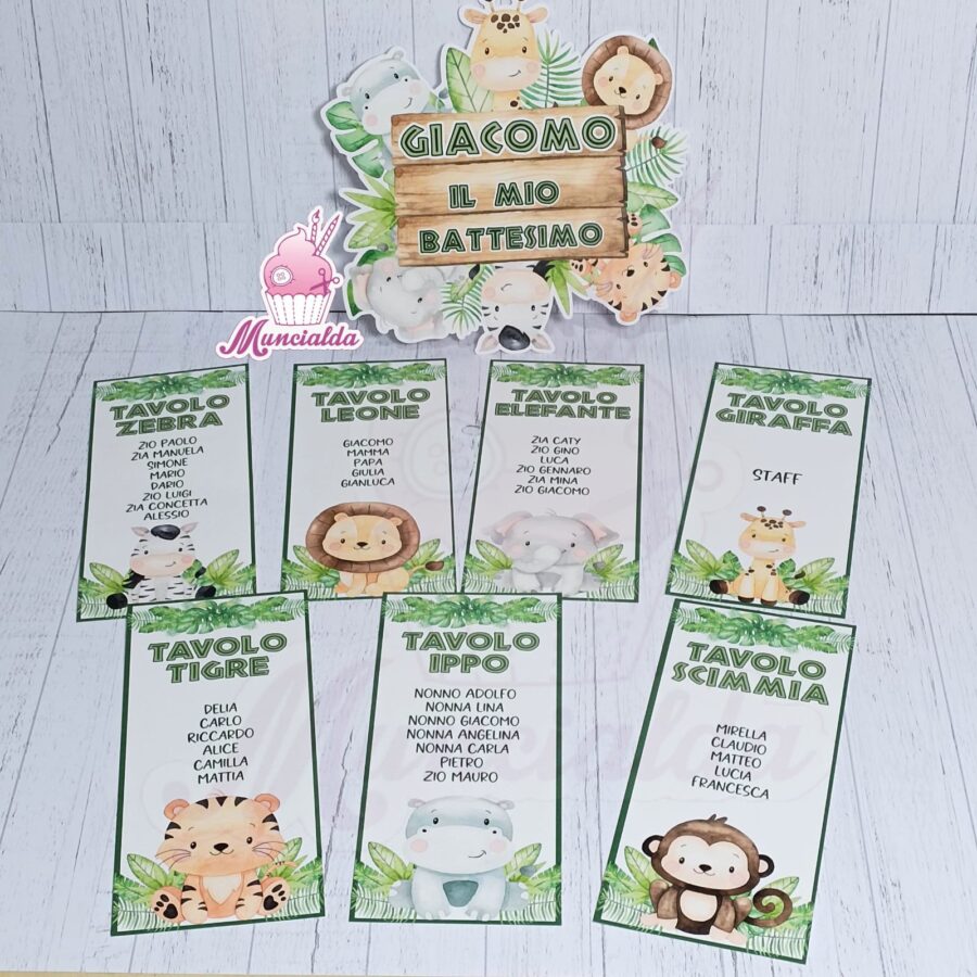 Cartellini tableau de mariage Battesimo Safari
