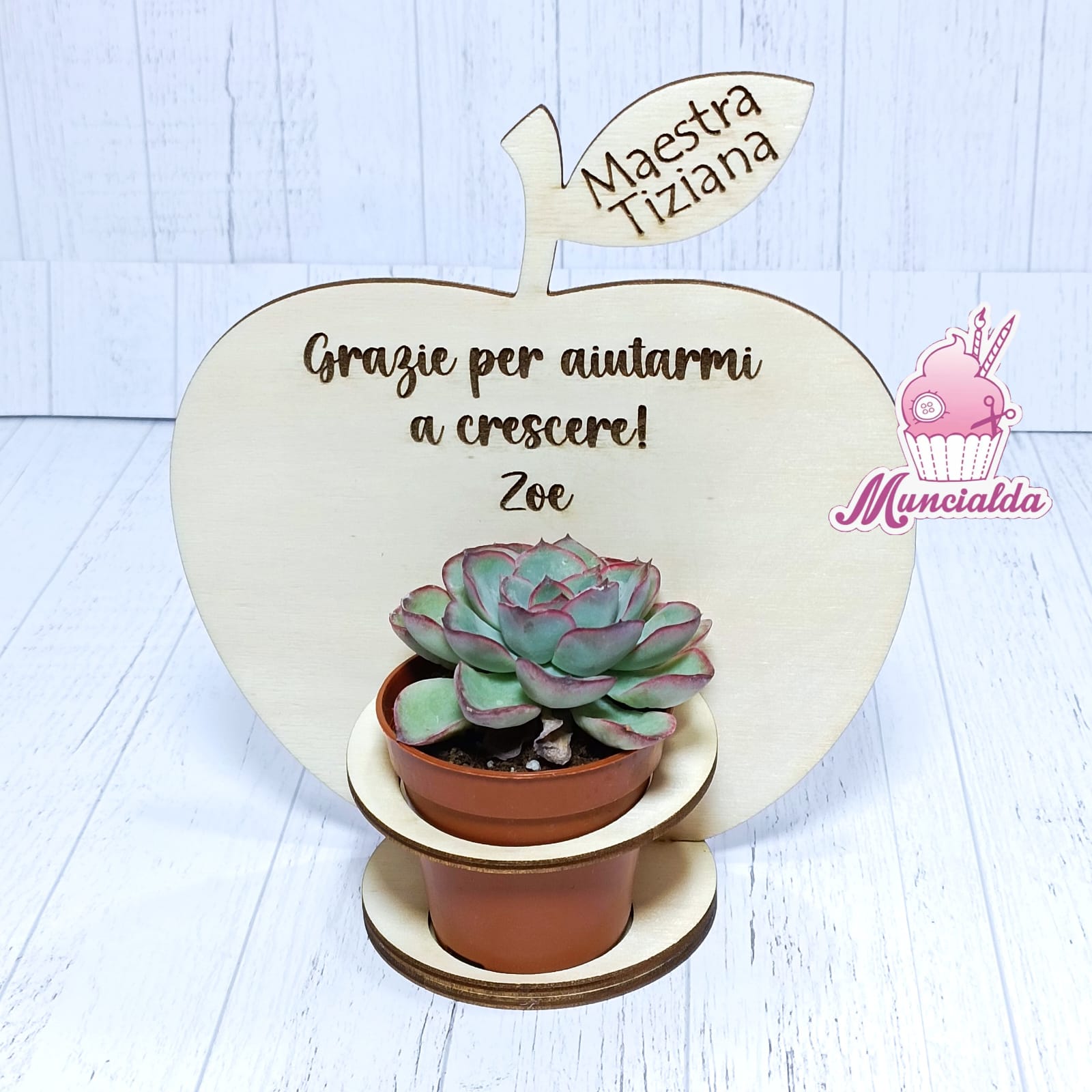 Decorazione in legno mela porta piantina grassa