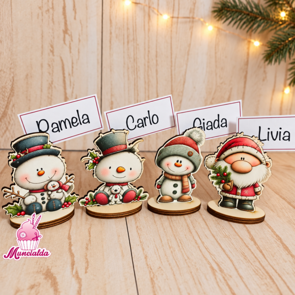 Segnaposto Natale in legno: Babbo Natale e omino di neve